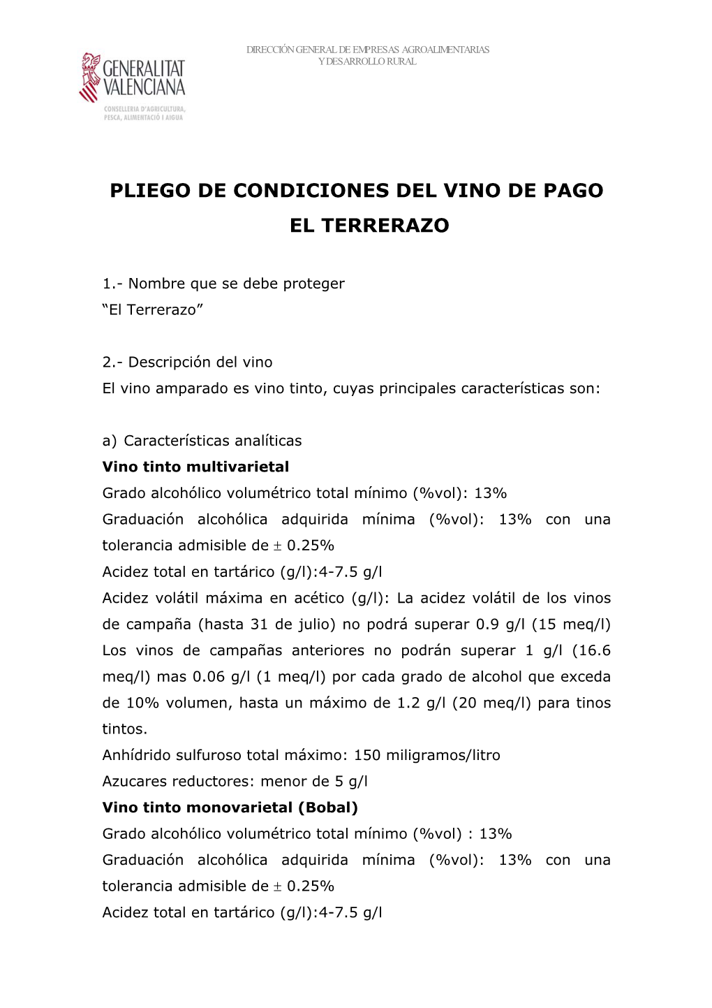 Pliego De Condiciones Del Vino De Pago El Terrerazo