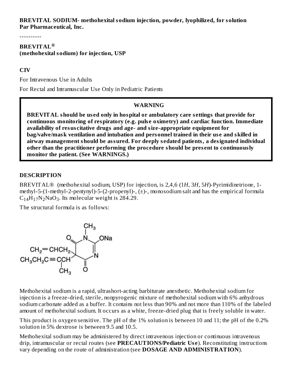 BREVITAL® (Methohexital Sodium) for Injection, USP