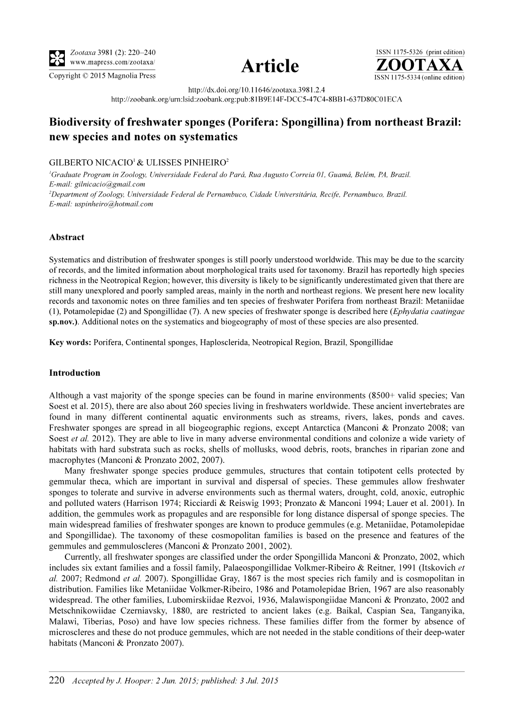 Biodiversity of Freshwater Sponges (Porifera: Spongillina) from Northeast Brazil: New Species and Notes on Systematics