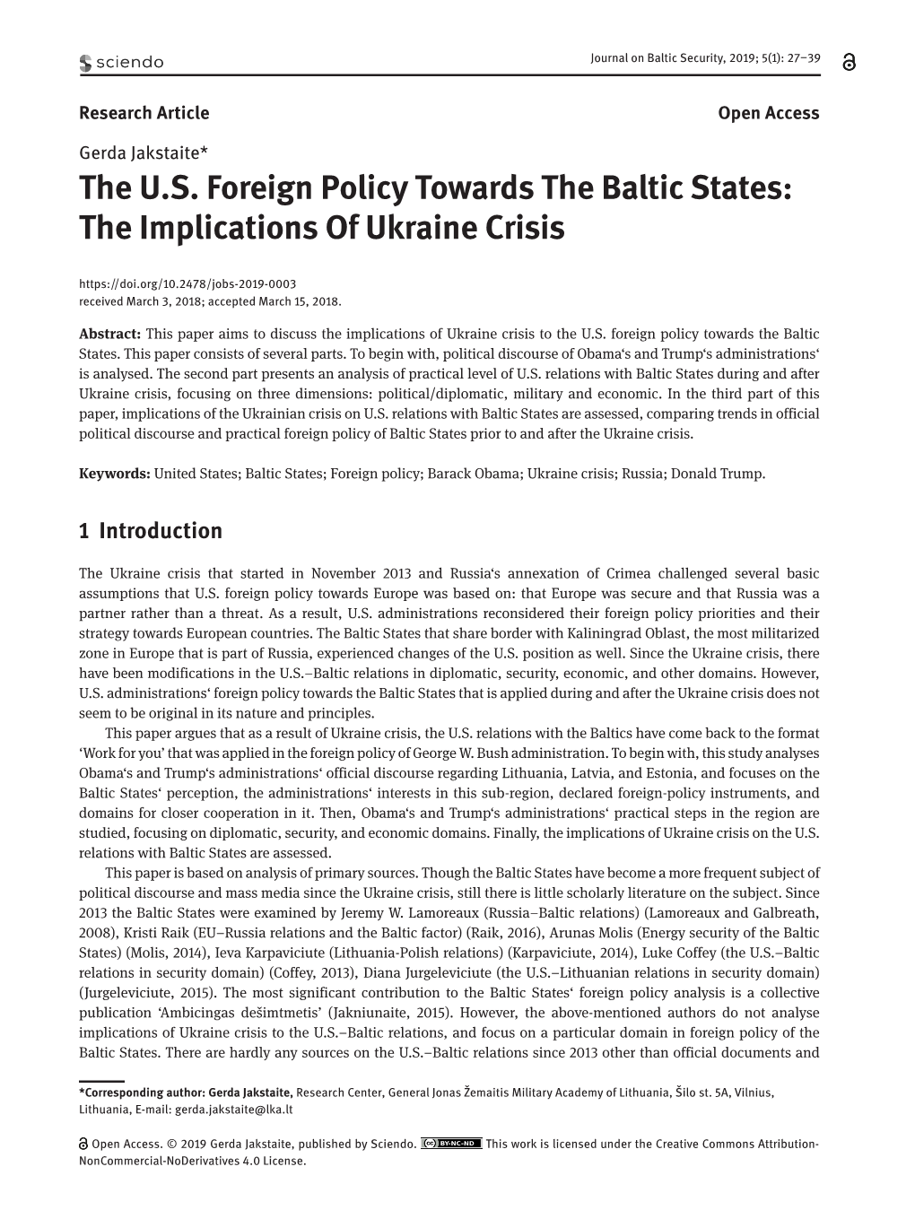 The US Foreign Policy Towards the Baltic States