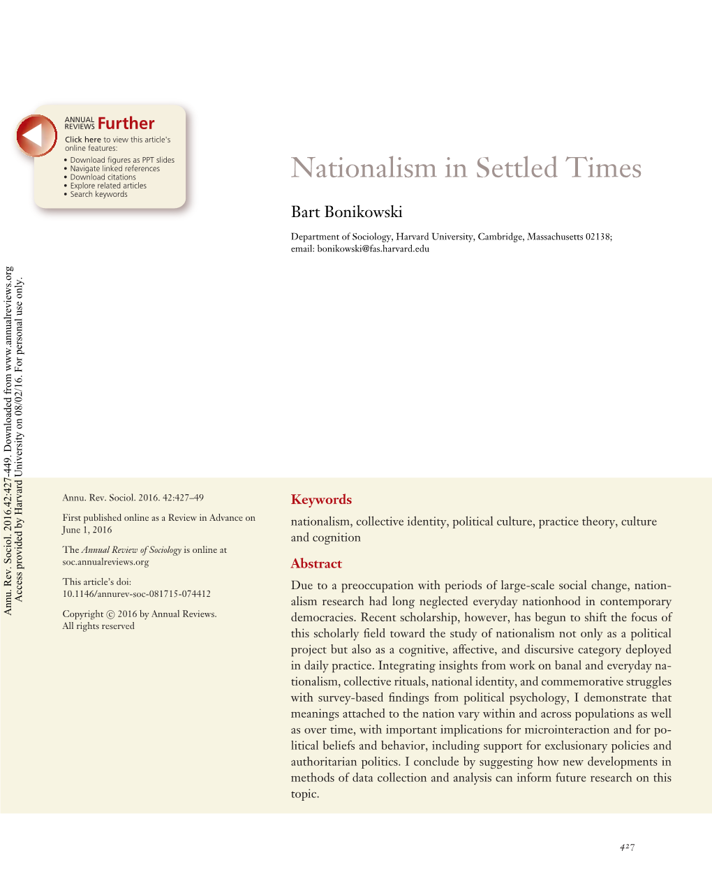 Nationalism in Settled Times • Explore Related Articles • Search Keywords Bart Bonikowski