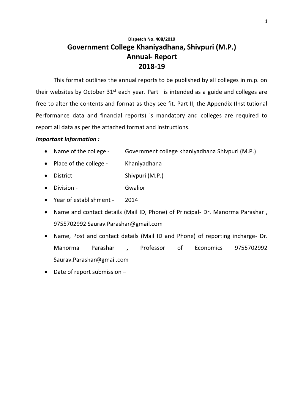 Government College Khaniyadhana, Shivpuri (M.P.) Annual- Report 2018-19 This Format Outlines the Annual Reports to Be Published by All Colleges in M.P