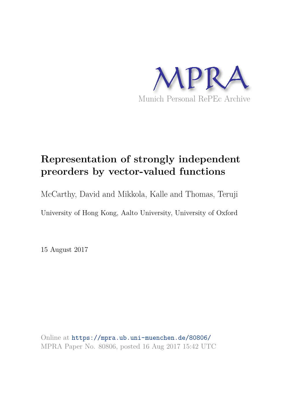 Representation of Strongly Independent Preorders by Vector-Valued Functions