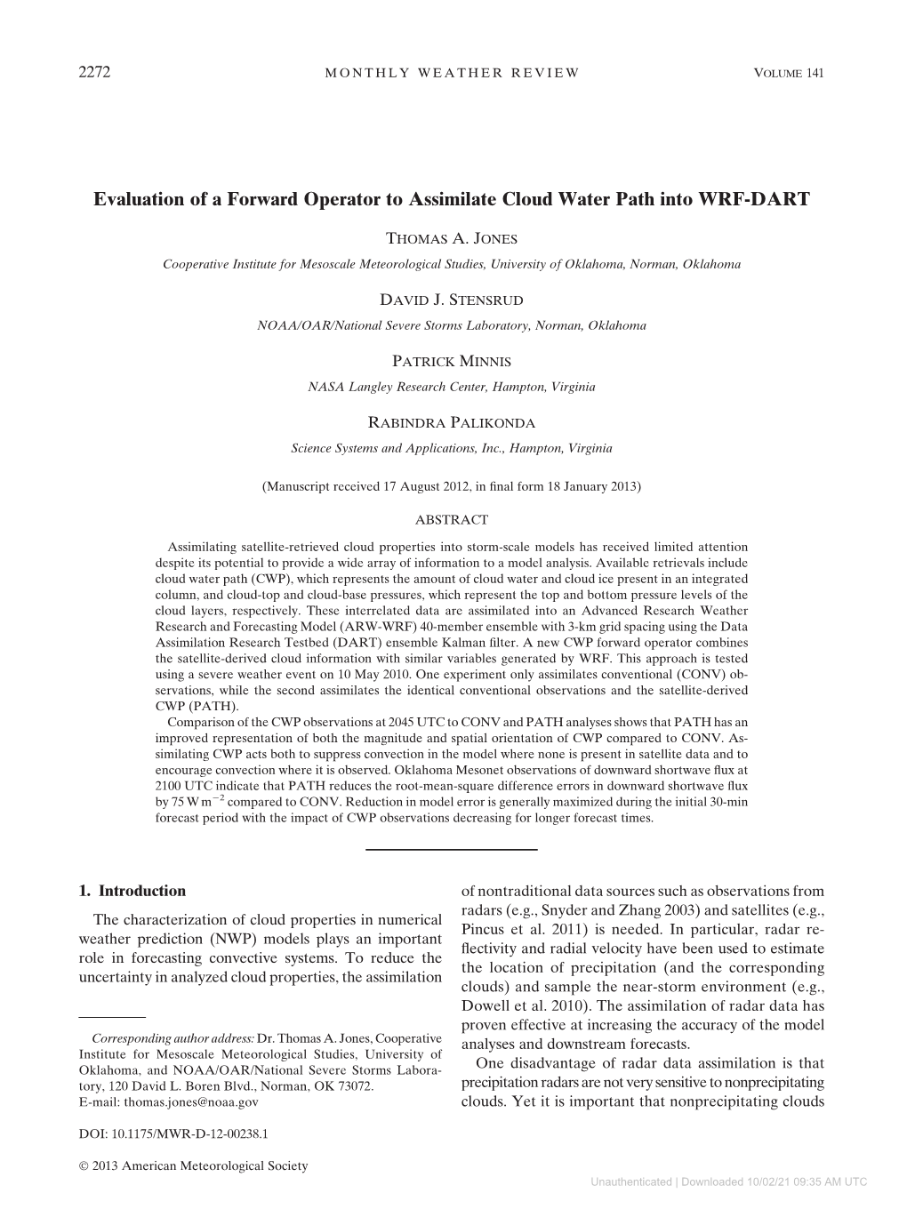 Evaluation of a Forward Operator to Assimilate Cloud Water Path Into WRF-DART