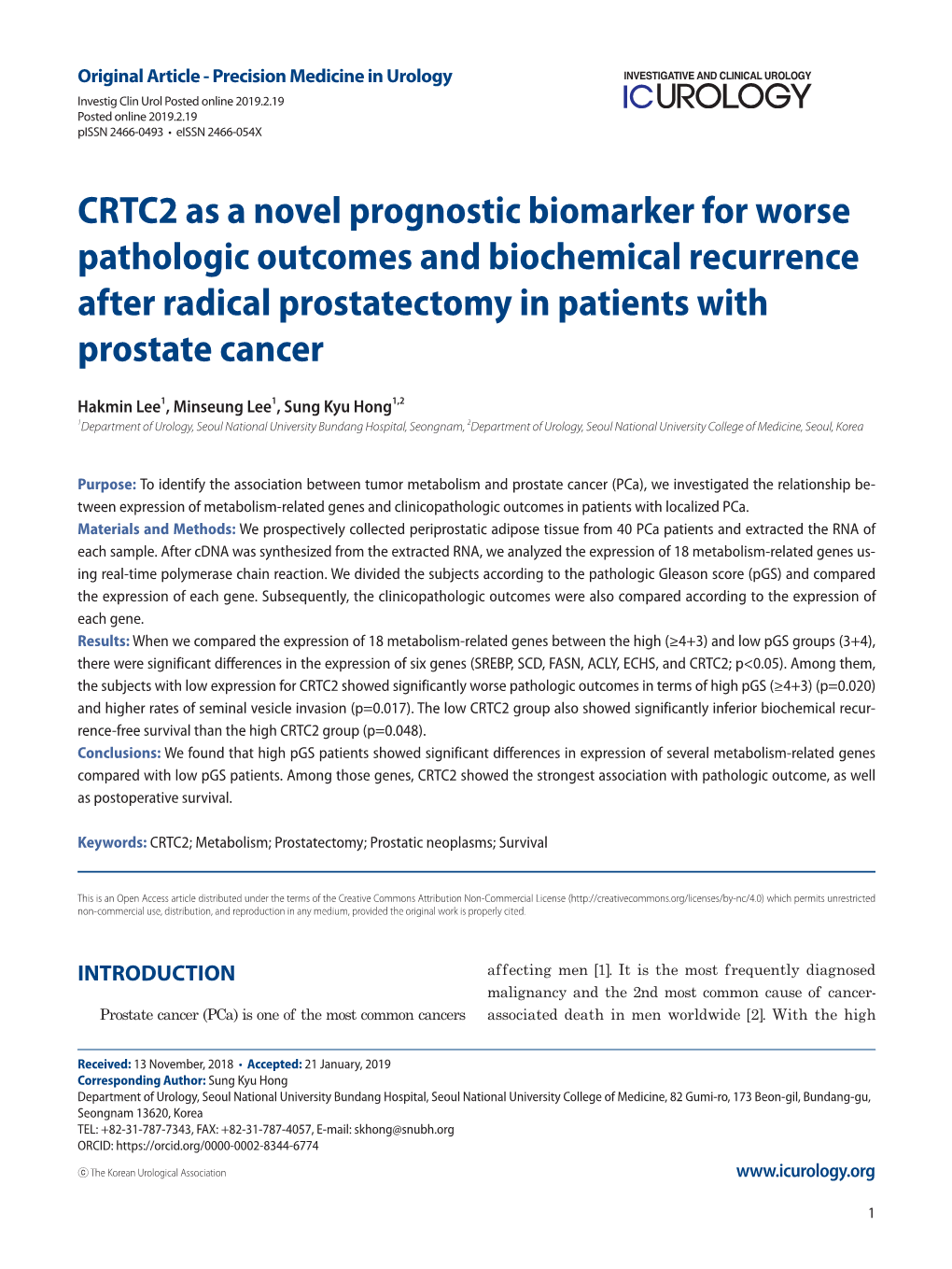 CRTC2 As a Novel Prognostic Biomarker for Worse Pathologic Outcomes and Biochemical Recurrence After Radical Prostatectomy in Patients with Prostate Cancer