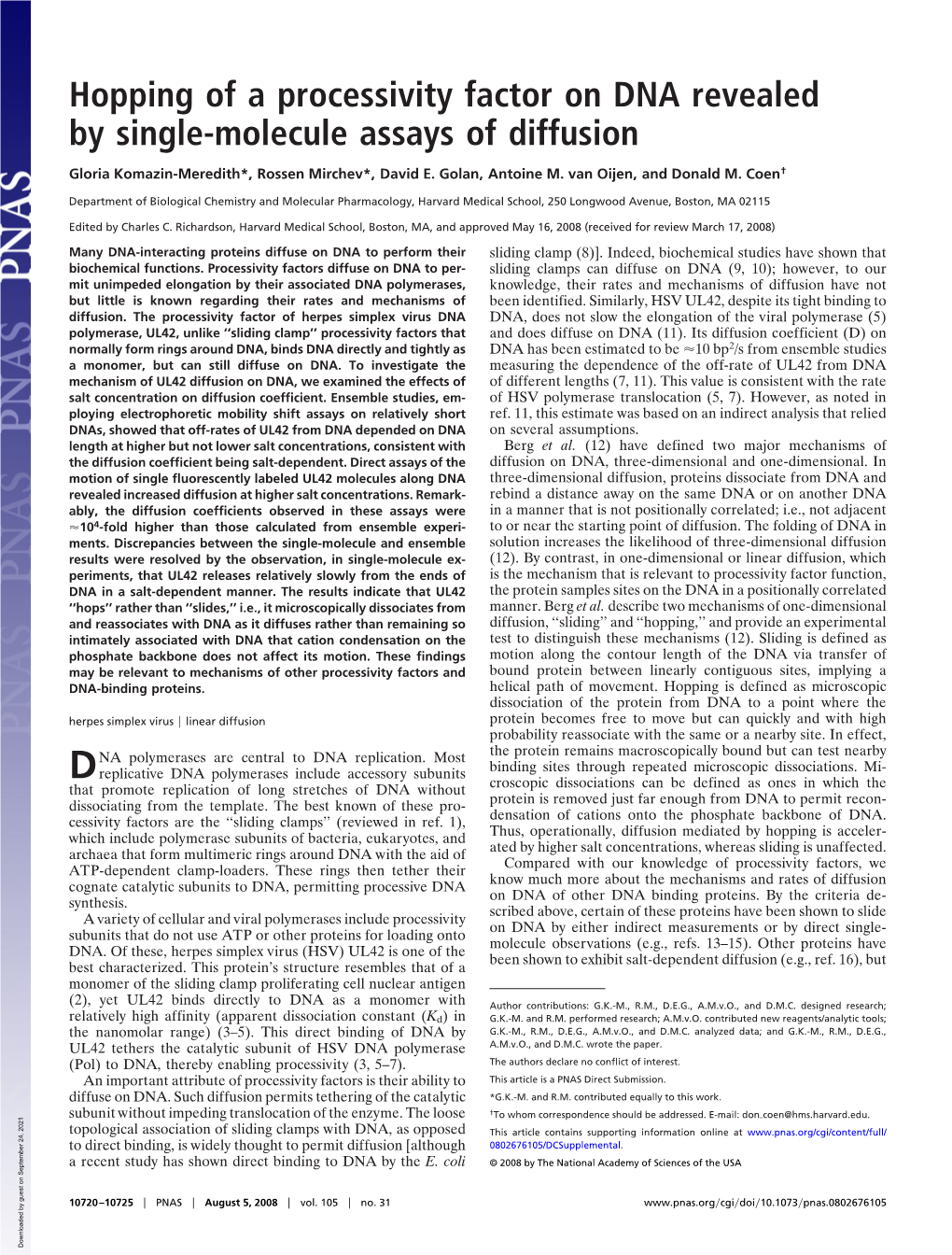 Hopping of a Processivity Factor on DNA Revealed by Single-Molecule Assays of Diffusion