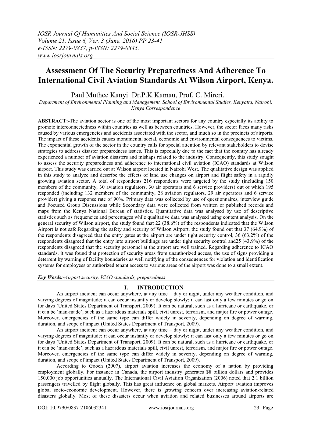 Assessment of the Security Preparedness and Adherence to International Civil Aviation Standards at Wilson Airport, Kenya