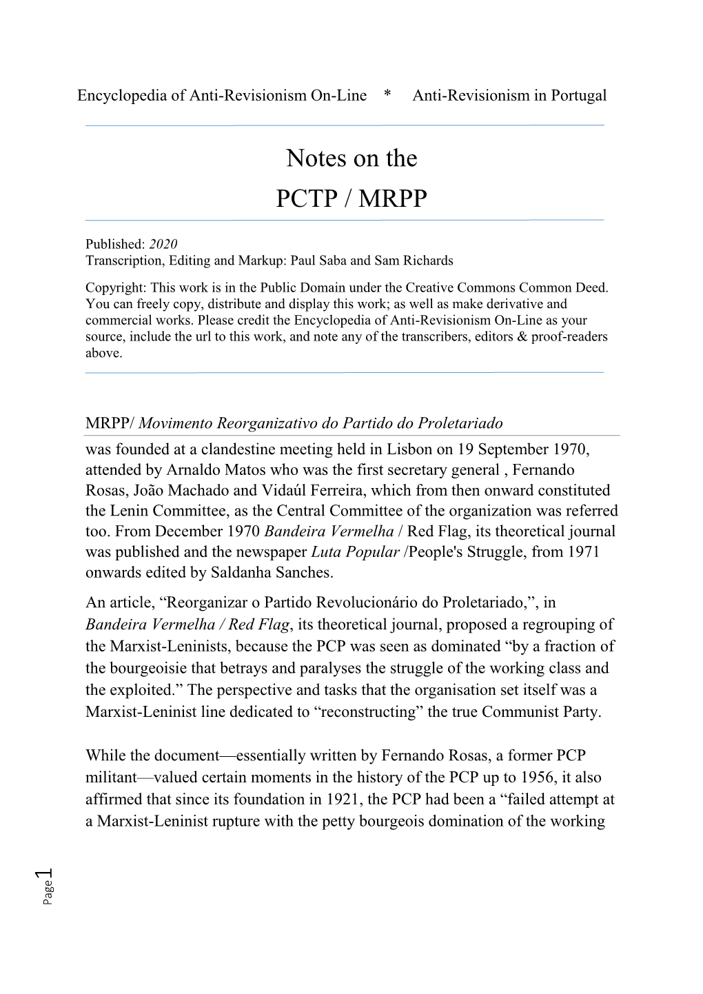 1 Notes on the PCTP / MRPP