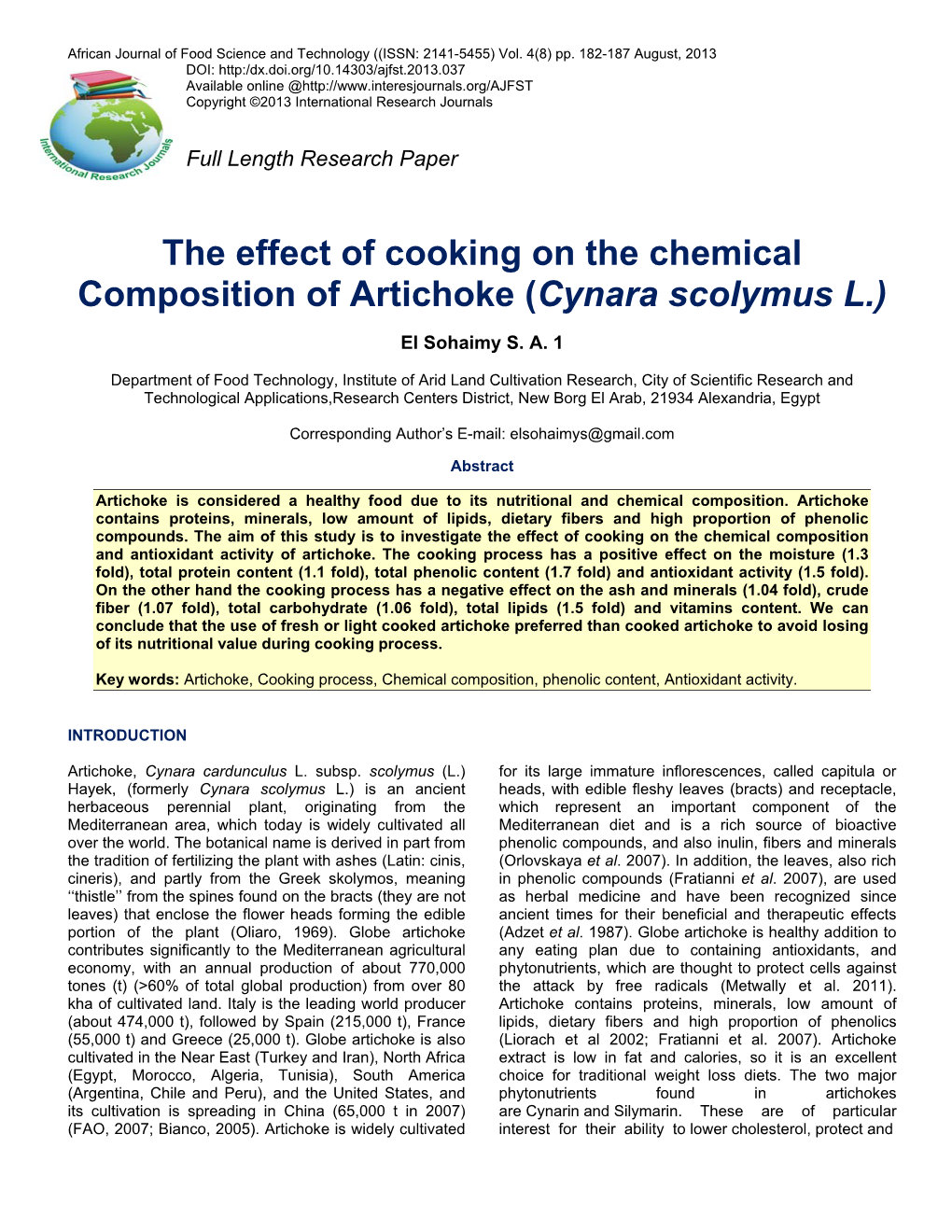 The Effect of Cooking on the Chemical Composition of Artichoke (Cynara Scolymus L.)