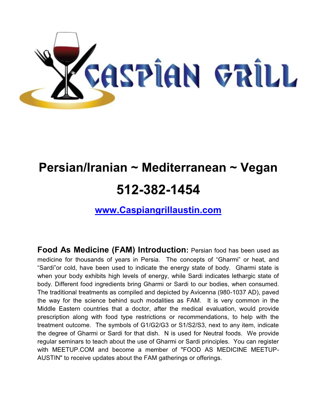 Persian/Iranian ~ Mediterranean ~ Vegan 512-382-1454