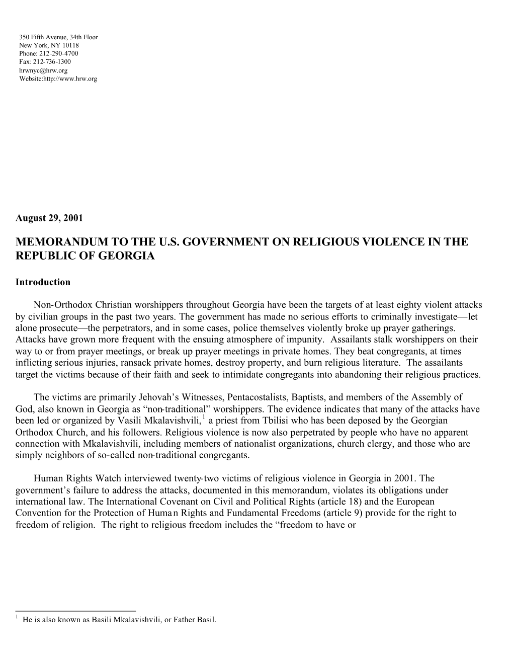 Memorandum to the U.S. Government on Religious Violence in the Republic of Georgia