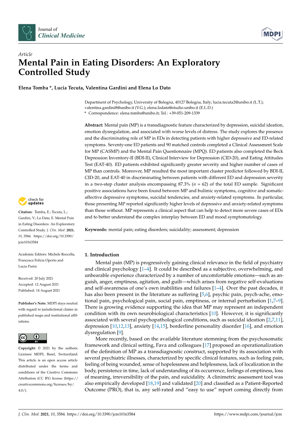 Mental Pain in Eating Disorders: an Exploratory Controlled Study