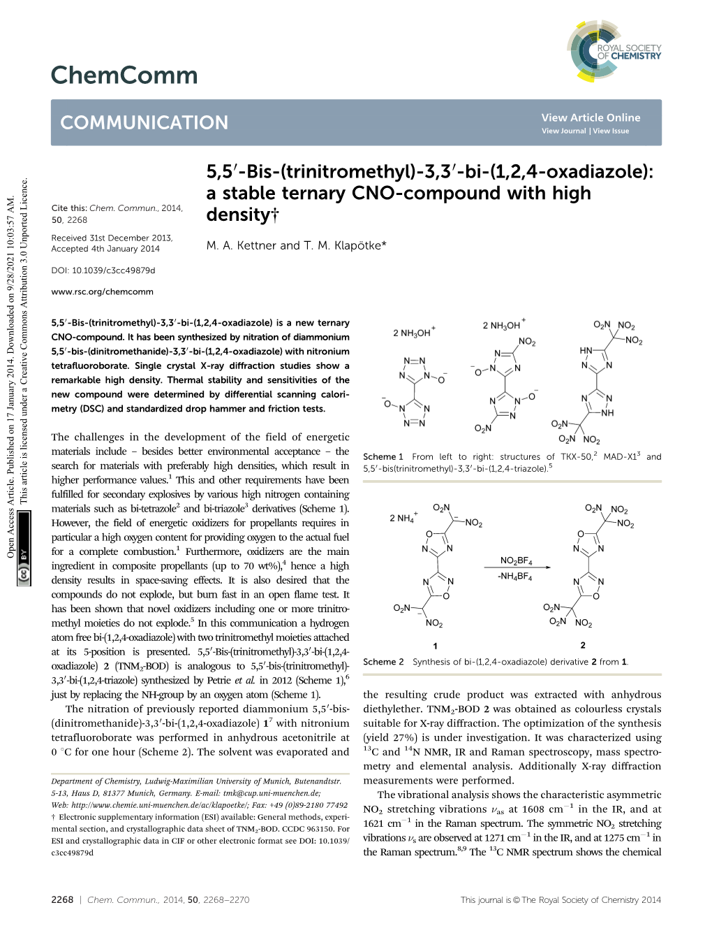 5, 5′-Bis-(Trinitromethyl)-3, 3′-Bi-(1, 2, 4-Oxadiazole): a Stable Ternary