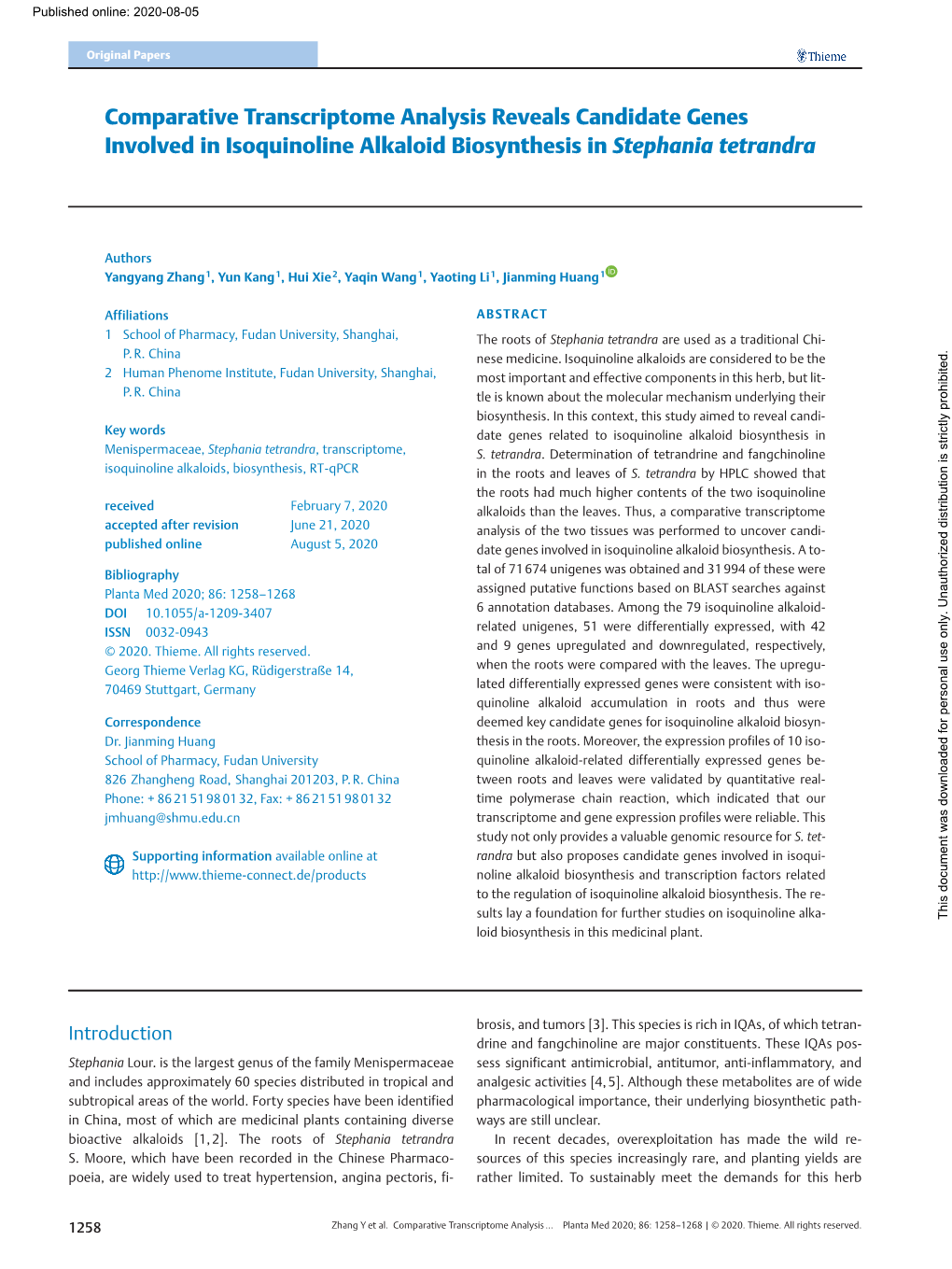 Comparative Transcriptome Analysis Reveals Candidate Genes Involved in Isoquinoline Alkaloid Biosynthesis in Stephania Tetrandra