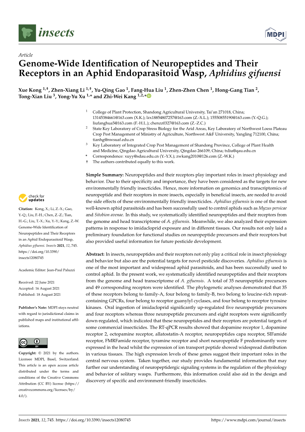 Genome-Wide Identification of Neuropeptides and Their Receptors in an Aphid Endoparasitoid Wasp, Aphidius Gifuensi