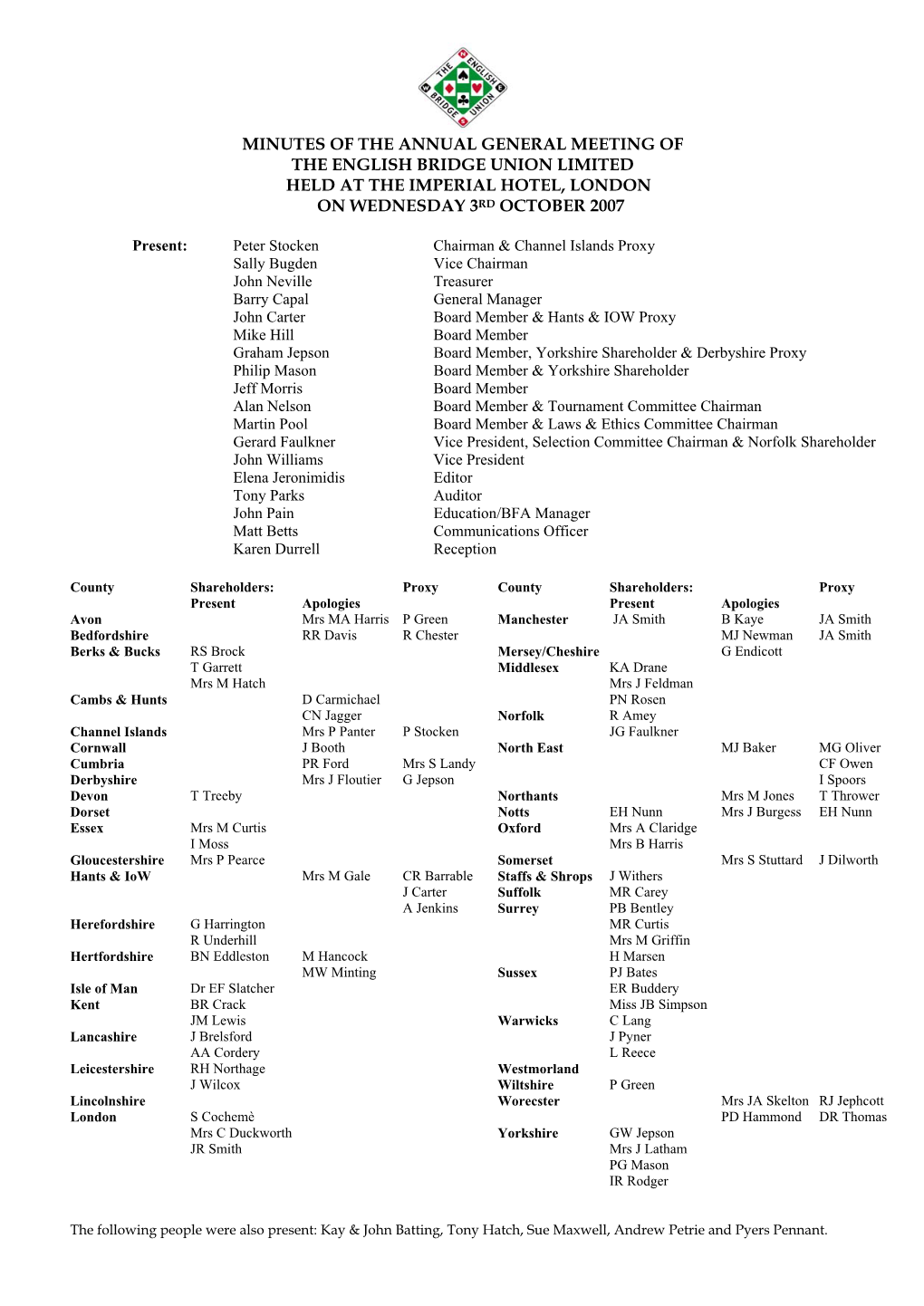 Minutes of the Annual General Meeting of the English Bridge Union Limited Held at the Imperial Hotel, London on Wednesday 3Rd October 2007