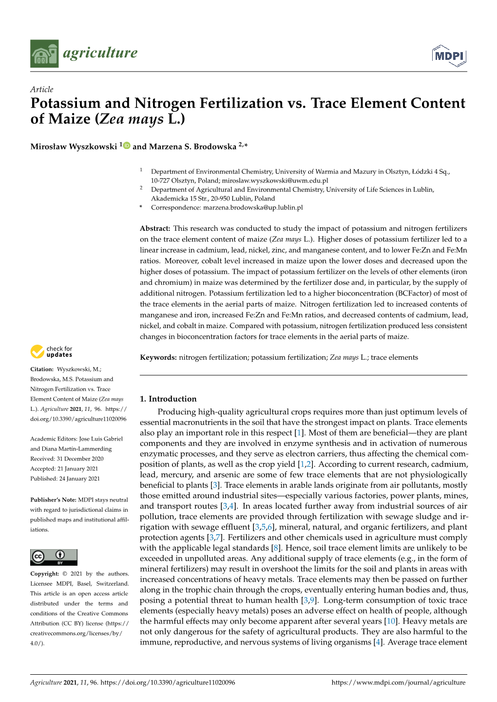 Potassium and Nitrogen Fertilization Vs. Trace Element Content of Maize (Zea Mays L.)