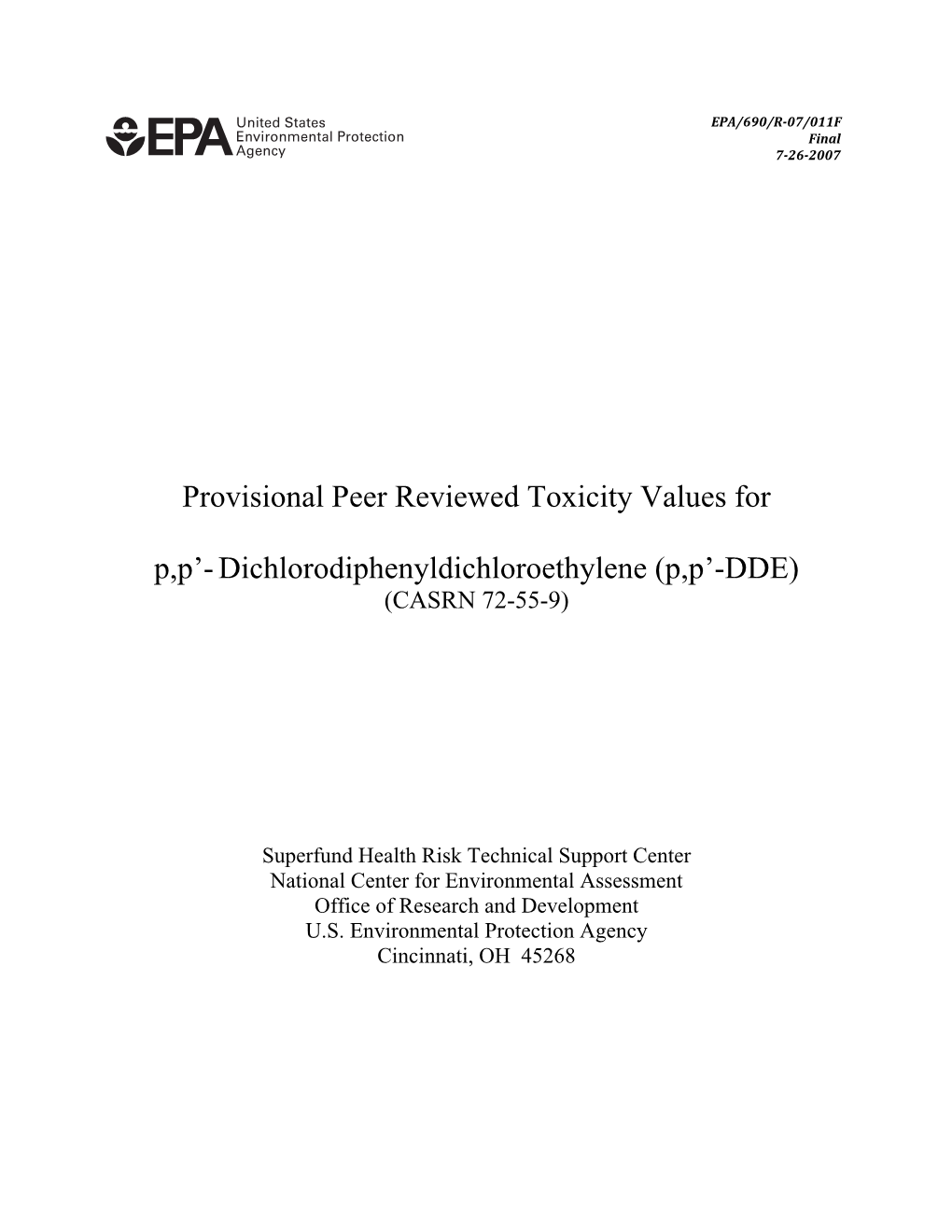 Provisional Peer Reviewed Toxicity Values for P,P’- Dichlorodiphenyldichloroethylene (P,P’-DDE) (CASRN 72-55-9)