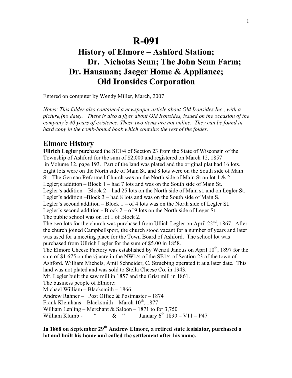 History of Elmore – Ashford Station; Dr. Nicholas Senn; the John Senn Farm; Dr