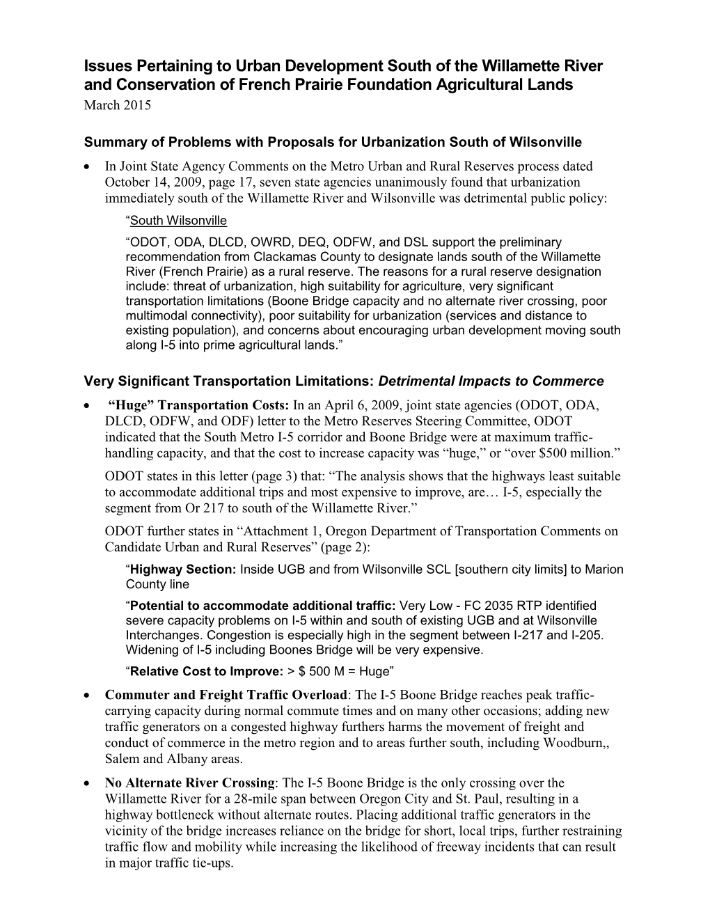 Issues Pertaining to Urban Development South of the Willamette River and Conservation of French Prairie Foundation Agricultural Lands March 2015