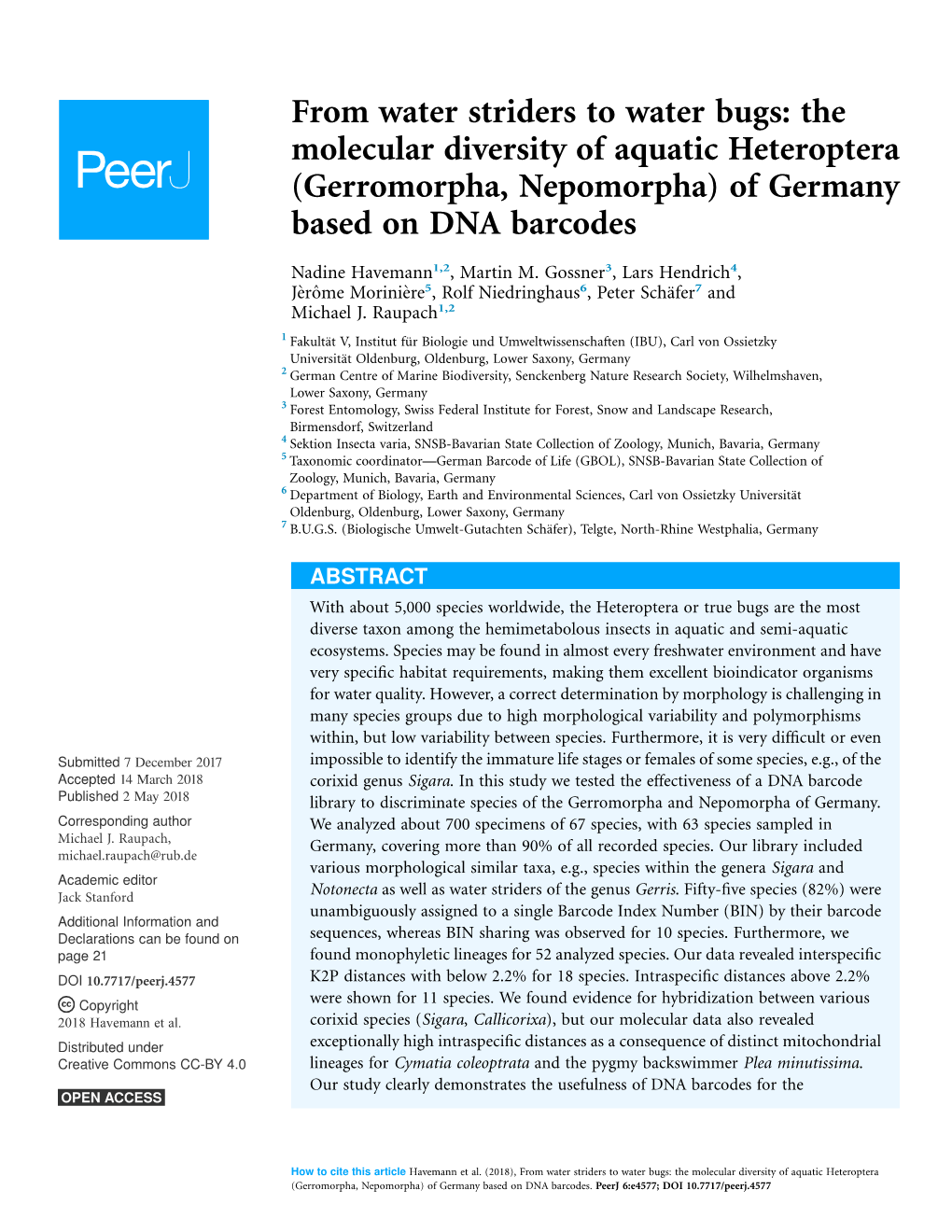 Gerromorpha, Nepomorpha) of Germany Based on DNA Barcodes