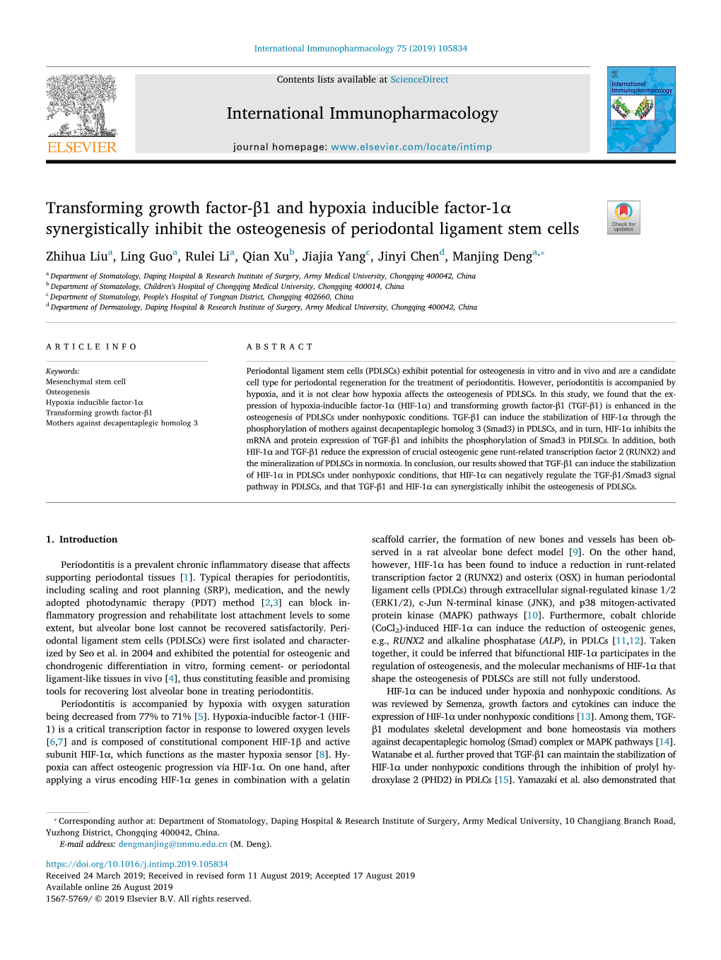 Transforming Growth Factor-Β1 and Hypoxia Inducible Factor-1Α Synergistically Inhibit the Osteogenesis of Periodontal Ligament