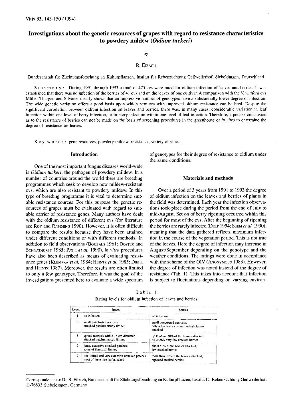 Investigations About the Genetic Resources of Grapes with Regard to Resistance Characteristics to Powdery Mildew ( Oidium Tuckeri)