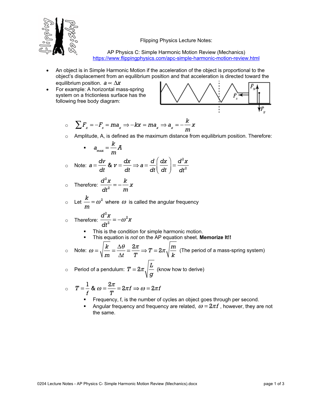 0204 Lecture Notes - AP Physics C- Simple Harmonic Motion Review (Mechanics).Docx Page 1 of 3