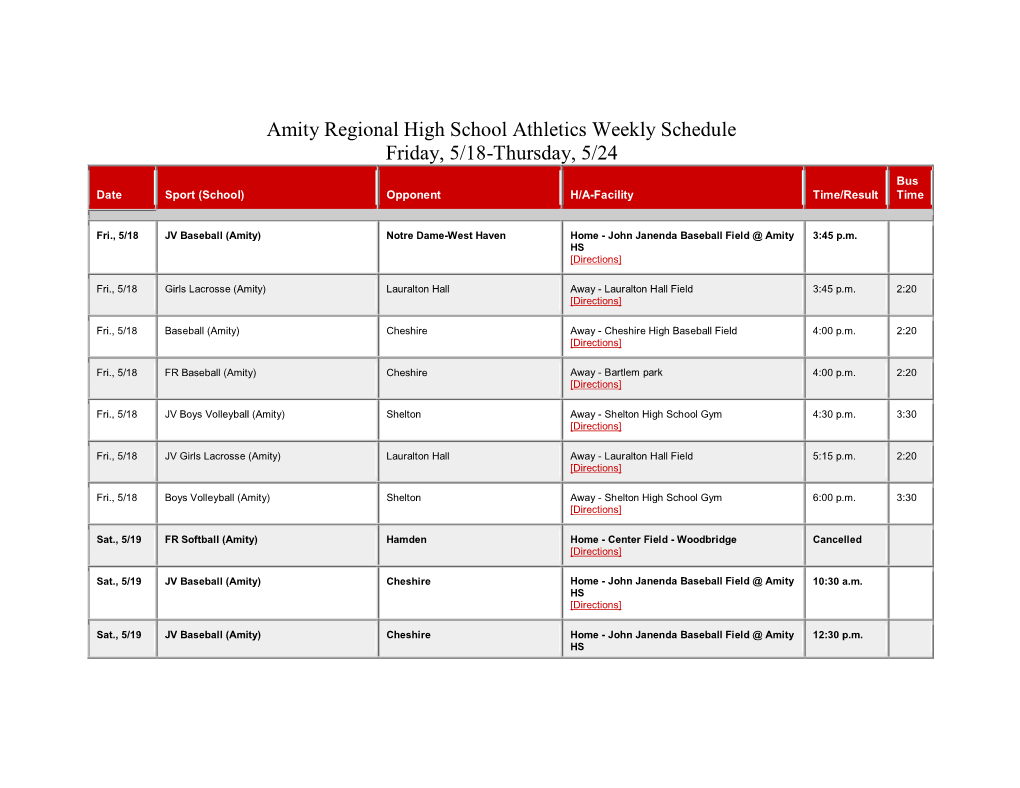 Amity Regional High School Athletics Weekly Schedule Friday, 5/18-Thursday, 5/24