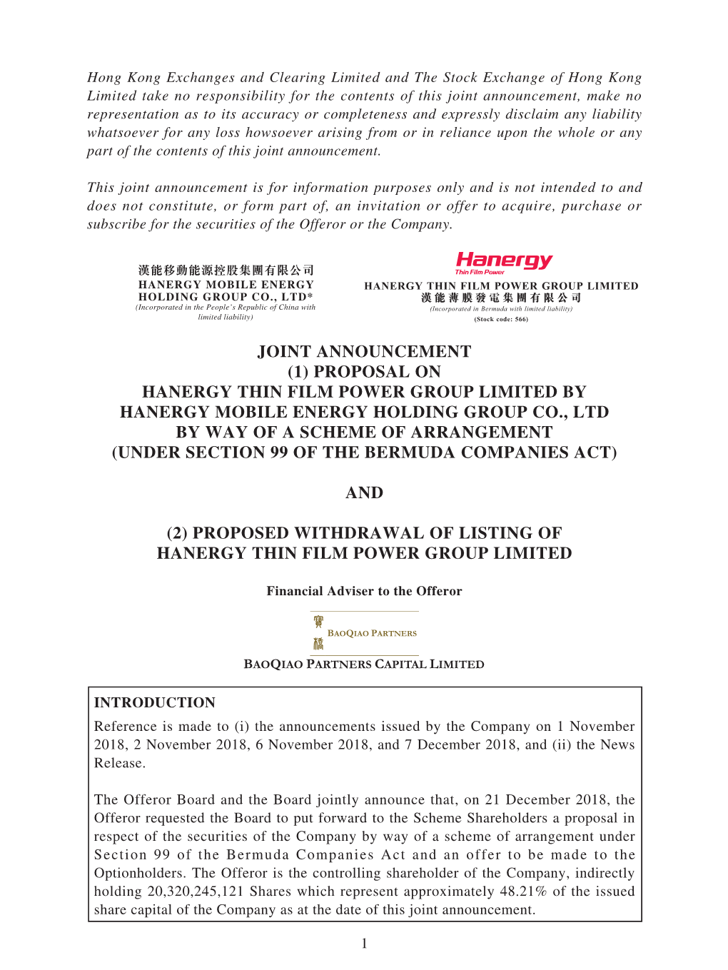 Joint Announcement (1) Proposal on Hanergy Thin