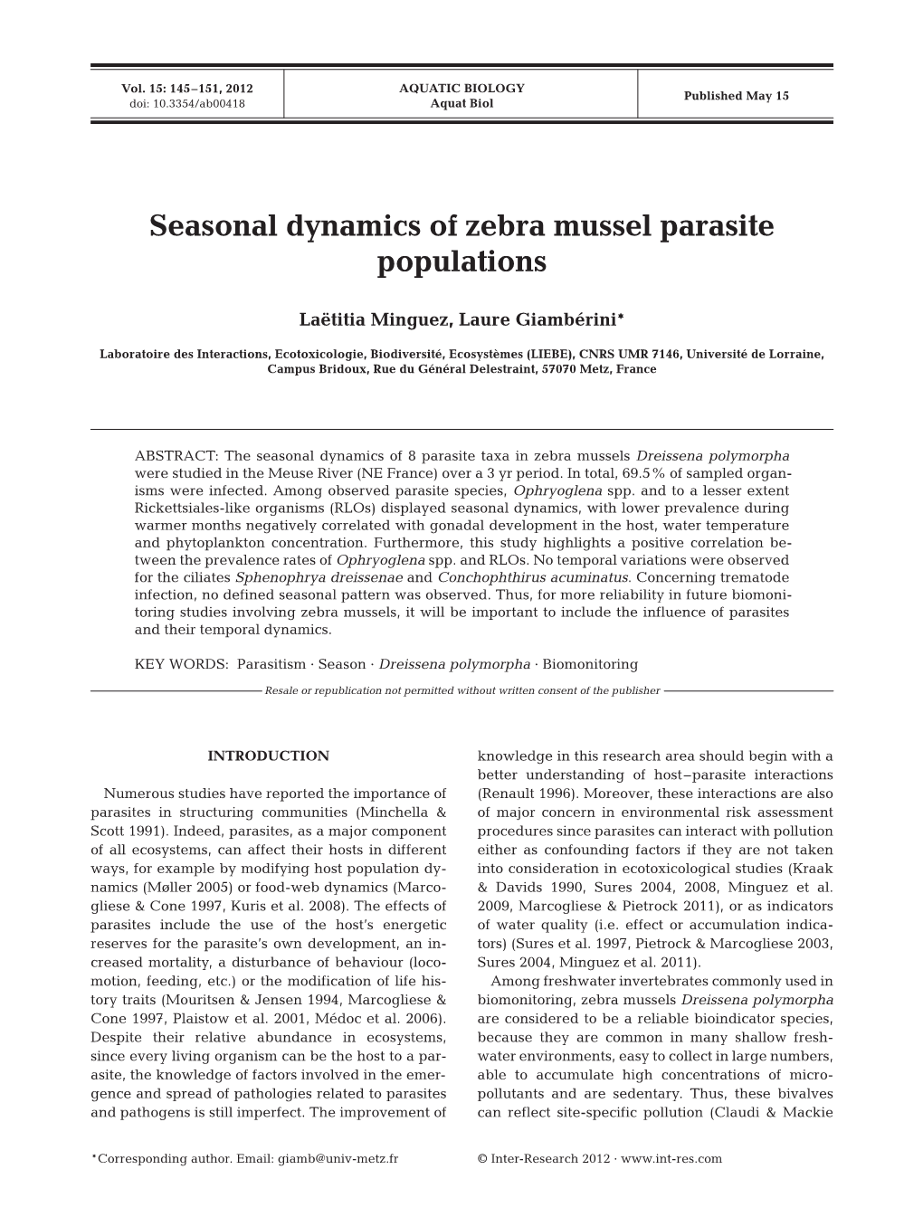 Seasonal Dynamics of Zebra Mussel Parasite Populations