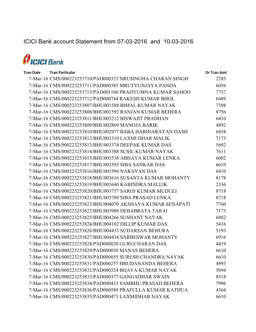 ICICI Bank Account Statement from 07-03-2016 and 10-03-2016