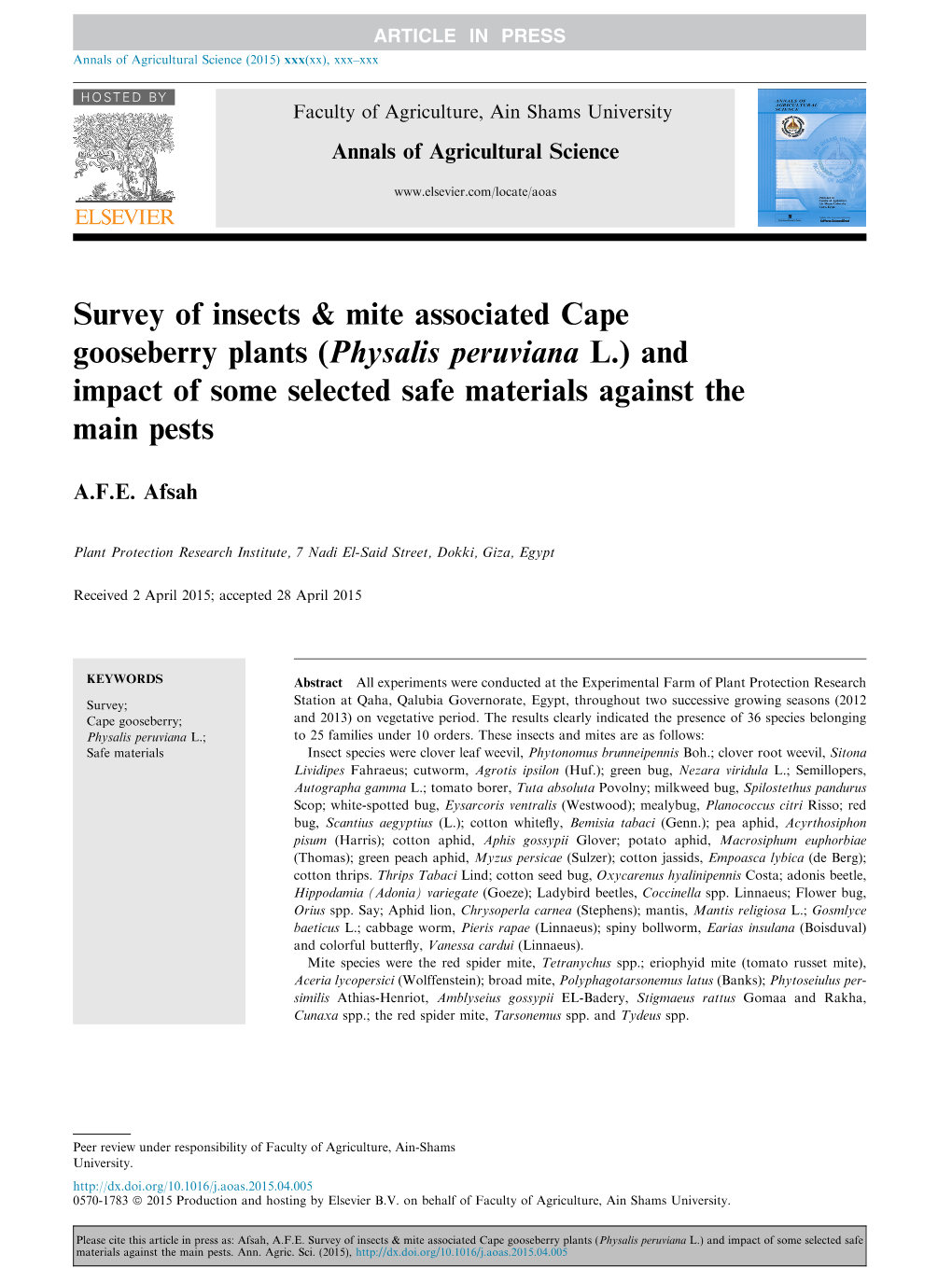 Physalis Peruviana L.) and Impact of Some Selected Safe Materials Against the Main Pests