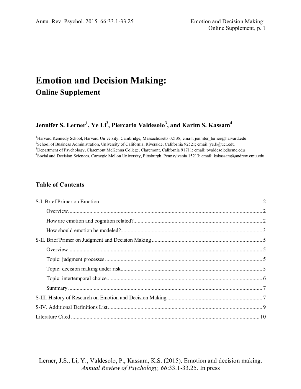 Emotion and Decision Making: Online Supplement, P