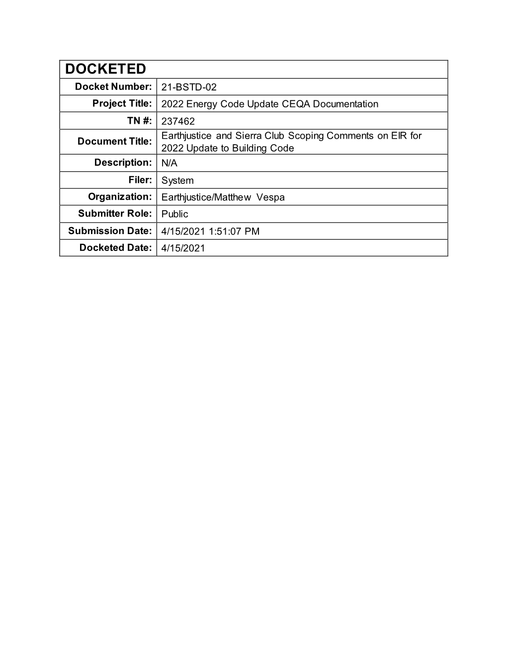 Earthjustice and Sierra Club Scoping Comments on EIR for 2022 Update to Building Code