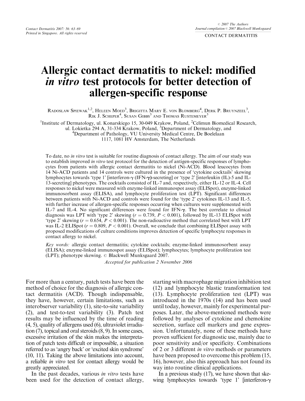 Allergic Contact Dermatitis to Nickel: Modified in Vitro Test Protocols for Better Detection of Allergen-Specific Response