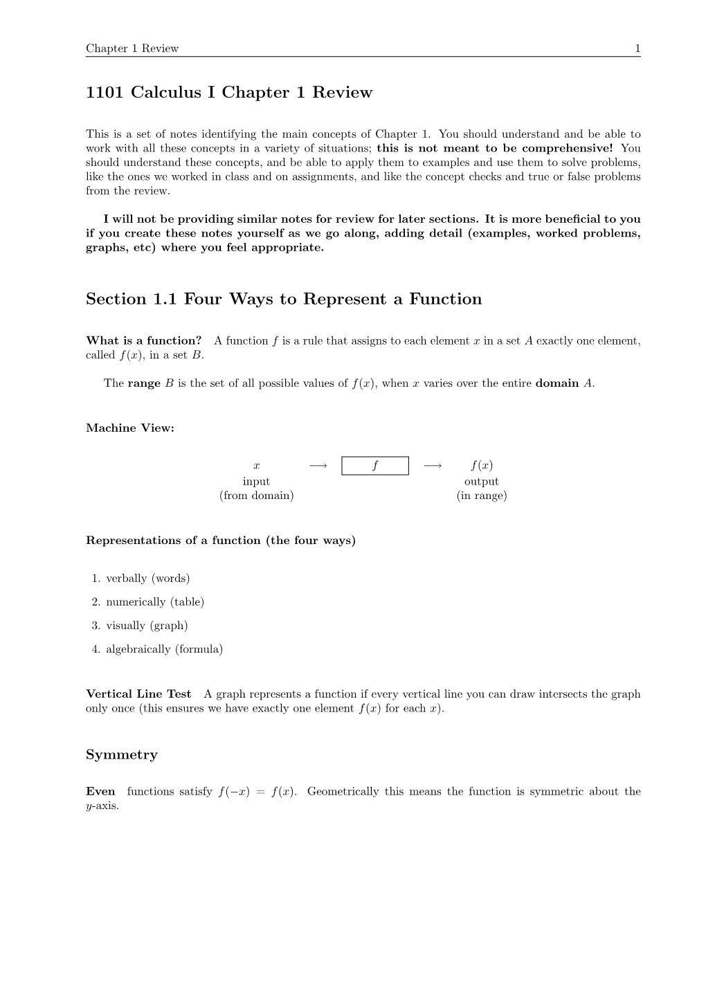 1101 Calculus I Chapter 1 Review Section 1.1 Four Ways to Represent