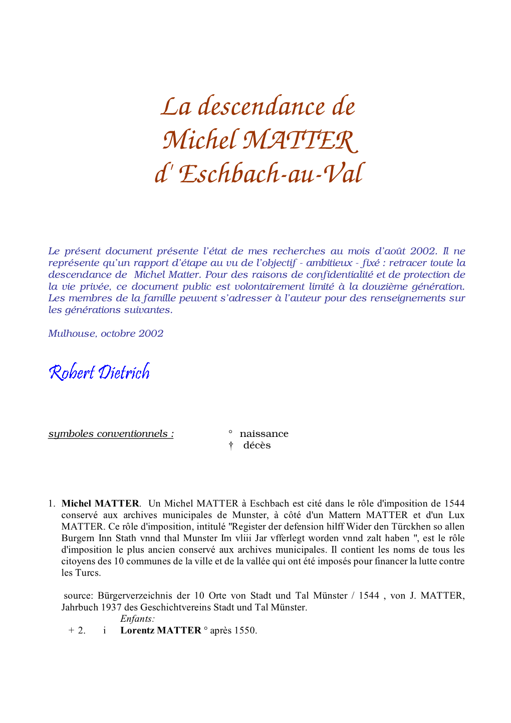 La Descendance De Michel MATTER D' Eschbach-Au-Val