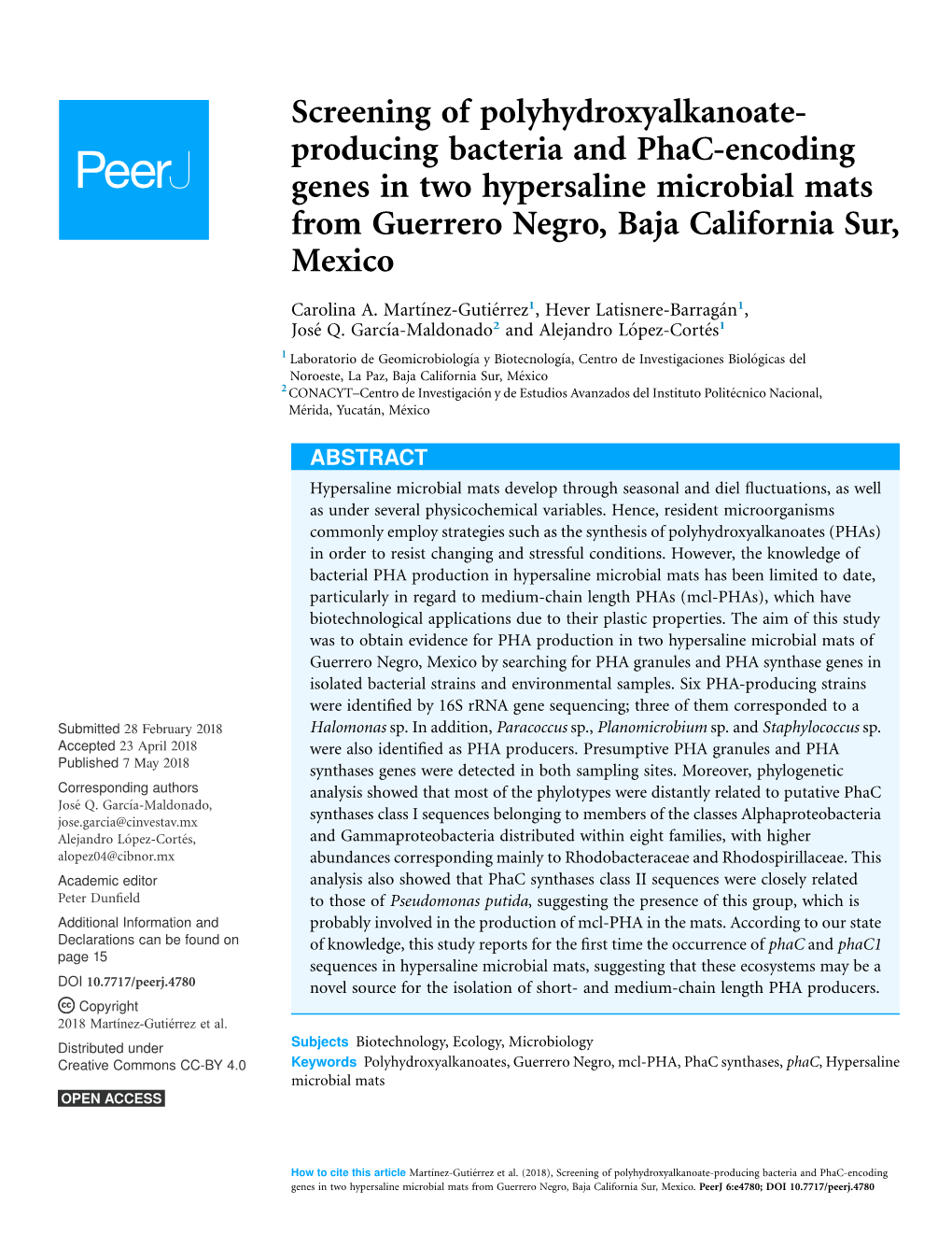 Producing Bacteria and Phac-Encoding Genes in Two Hypersaline Microbial Mats from Guerrero Negro, Baja California Sur, Mexico