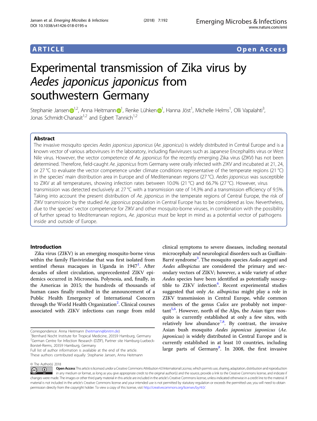 Experimental Transmission of Zika Virus by Aedes Japonicus Japonicus from Southwestern Germany