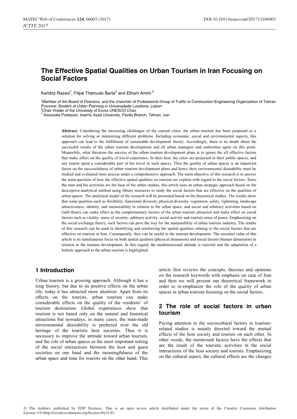 The Effective Spatial Qualities on Urban Tourism in Iran Focusing on Social Factors