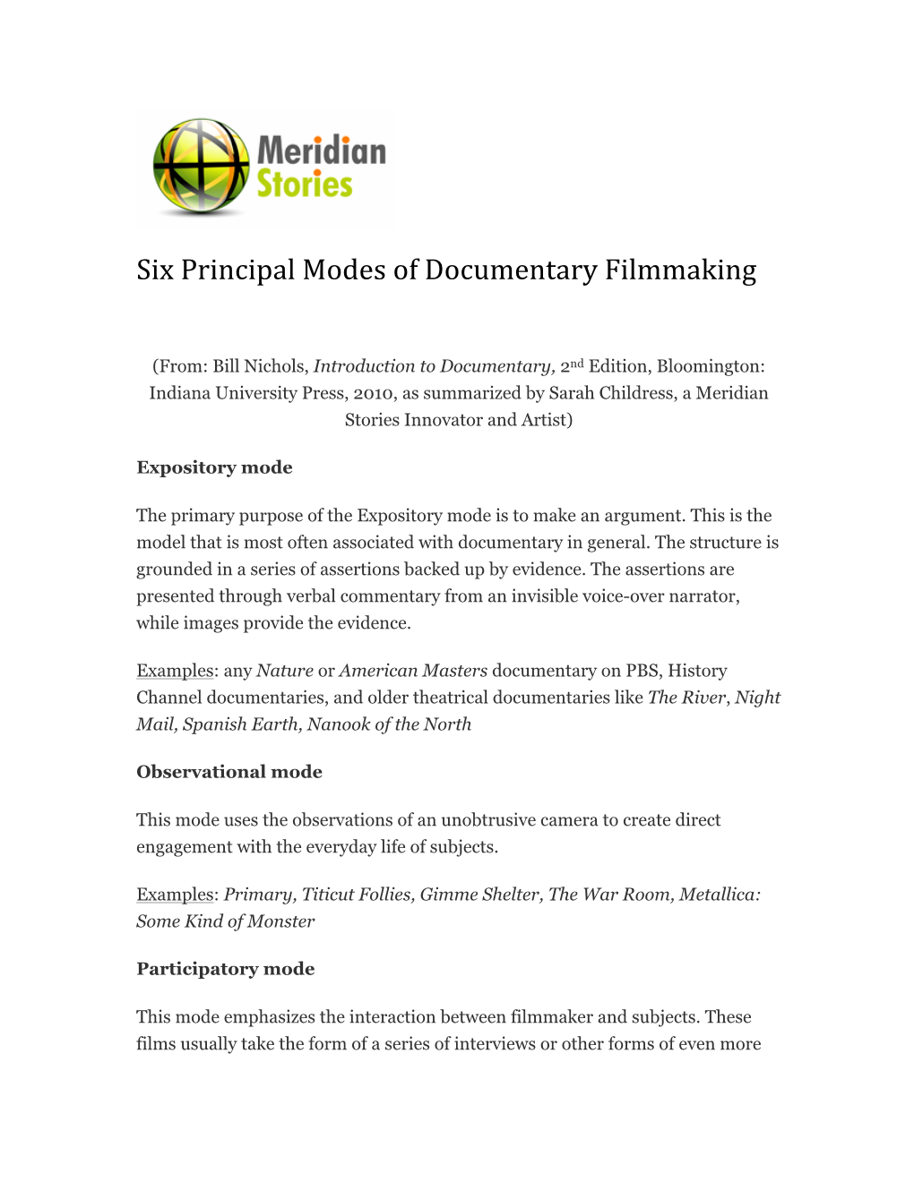 Six Principal Modes of Documentary Filmmaking