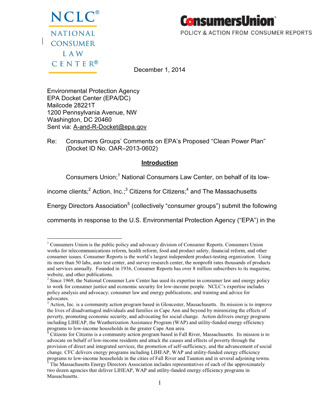 1 December 1, 2014 Environmental Protection Agency EPA Docket Center