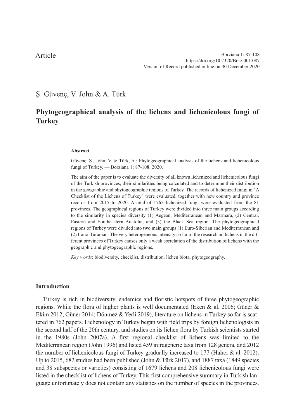 Phytogeographical Analysis of the Lichens and Lichenicolous Fungi of Turkey