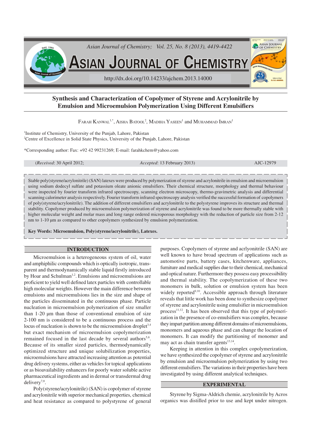 Synthesis and Characterization of Copolymer of Styrene and Acrylonitrile by Emulsion and Microemulsion Polymerization Using Different Emulsifiers