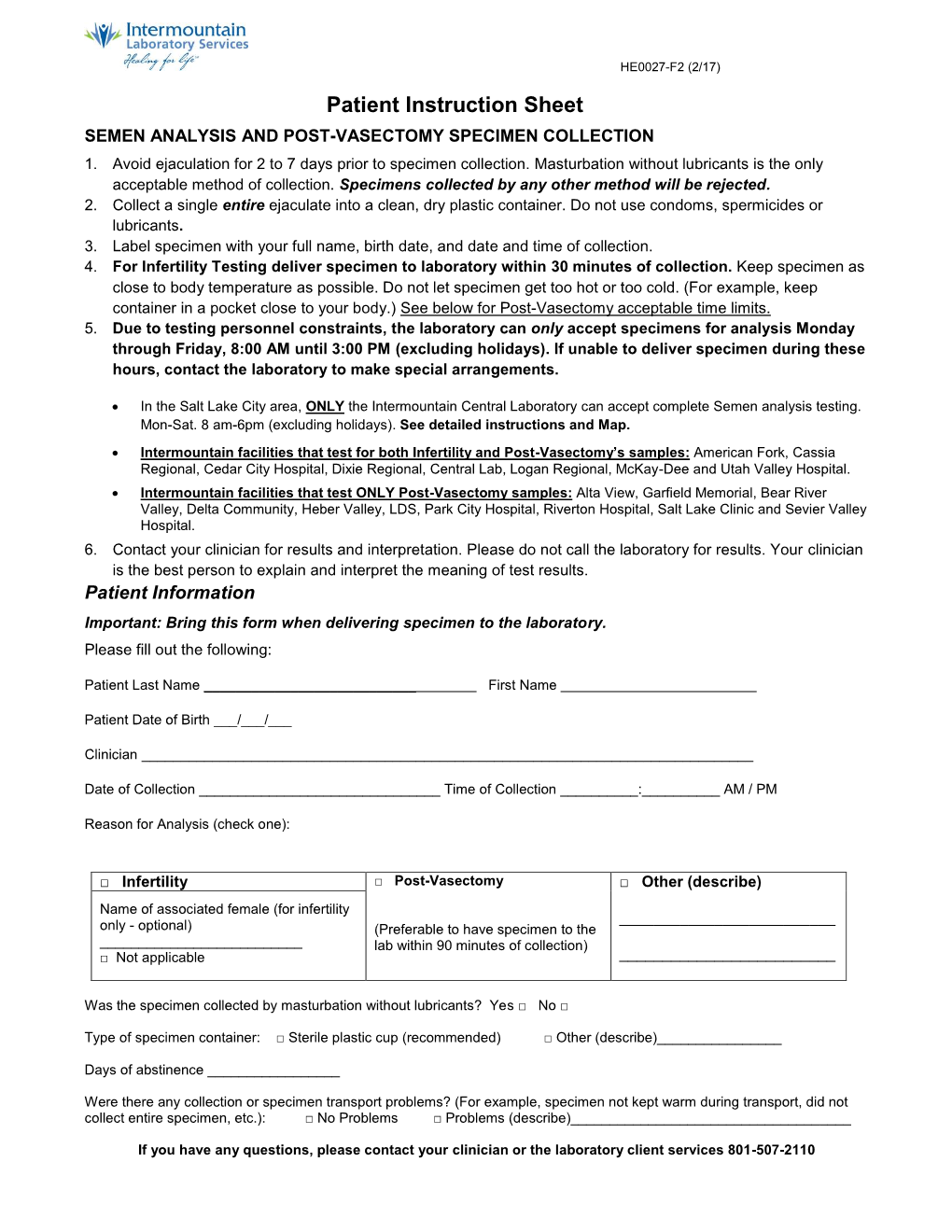 Semen Analysis Information Sheet