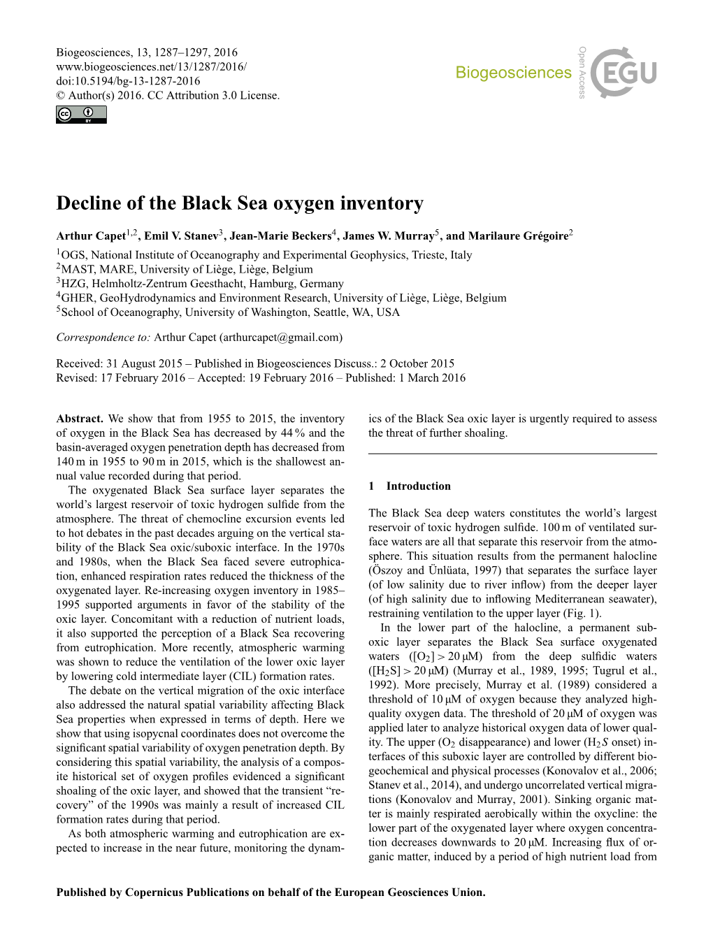 Decline of the Black Sea Oxygen Inventory