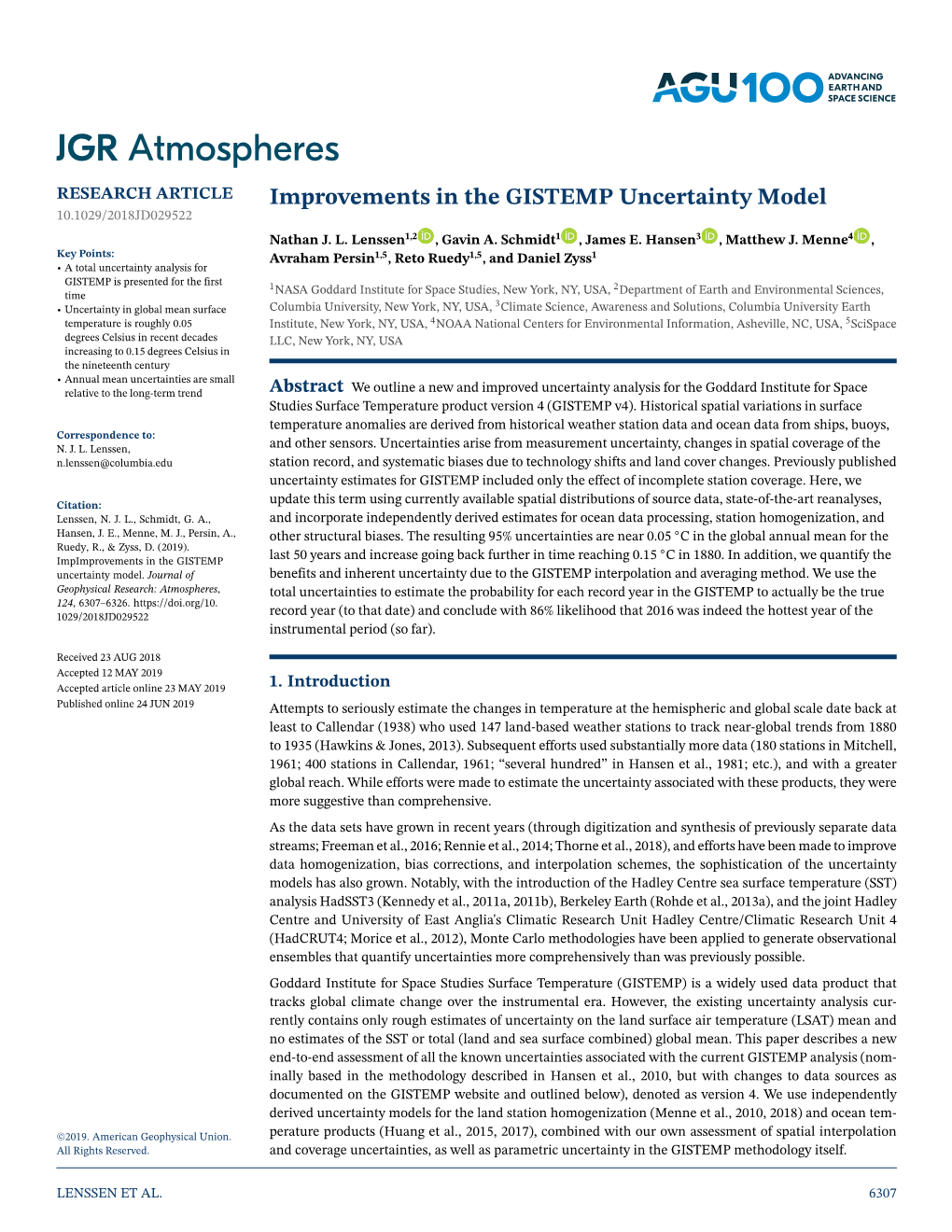 Improvements in the GISTEMP Uncertainty Model 10.1029/2018JD029522 Nathan J