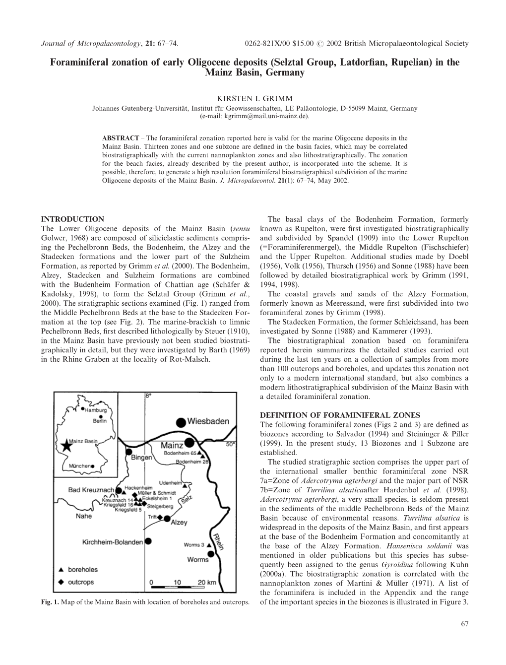 Foraminiferal Zonation of Early Oligocene Deposits (Selztal Group, Latdorﬁan, Rupelian) in the Mainz Basin, Germany