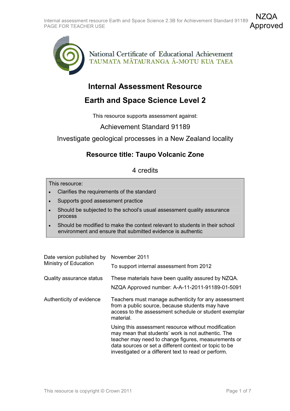 Level 2 Earth and Space Science Internal Assessment Resource